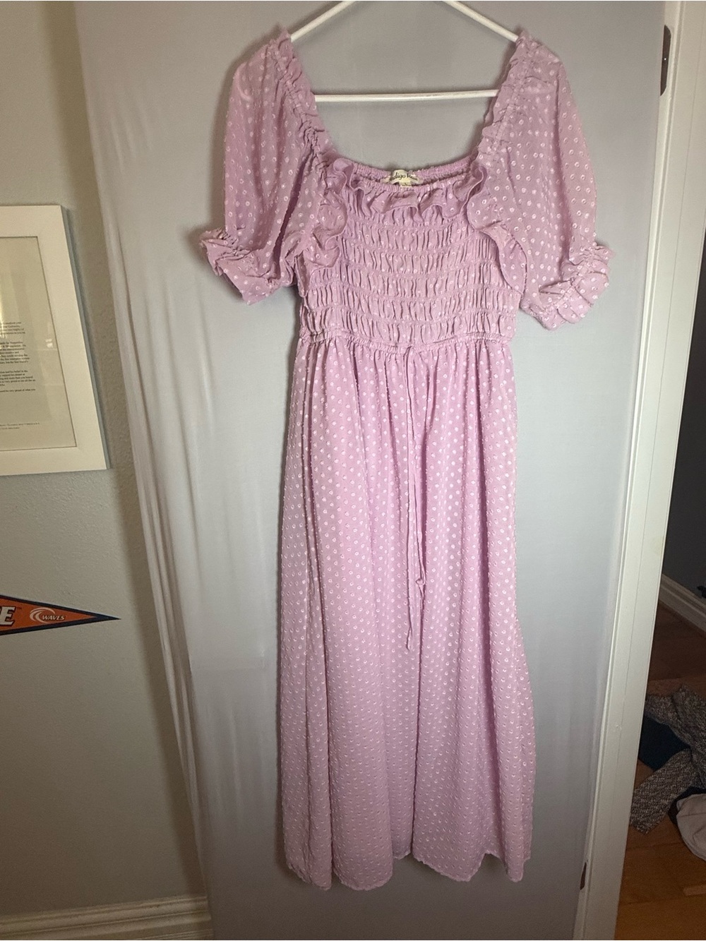 Indigo Rose Pink Swiss Dot Smocked Puff Sleeve Midi Dress Women’s Large - Picture 2 of 4